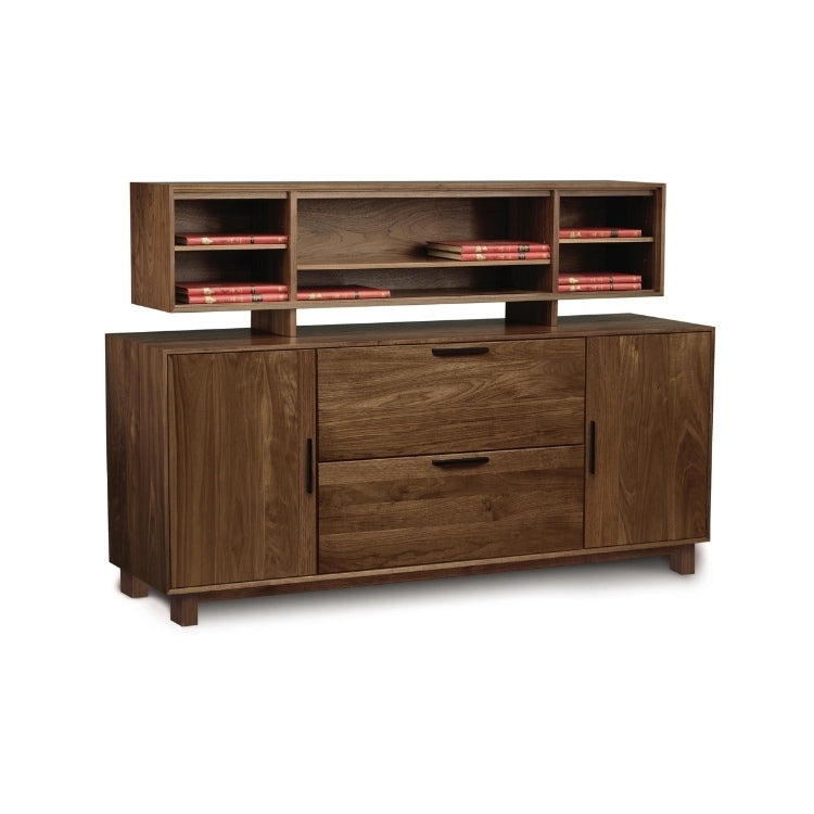 Linear Credenza walnut angle view with organizer hutch