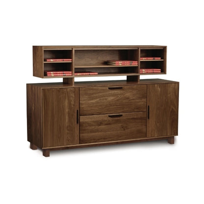 Linear Credenza walnut angle view with organizer hutch
