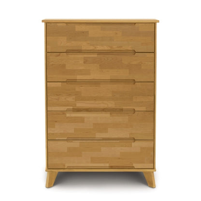 Linn 5 Drawer Wide Chest in Cherry with recessed handles, head on view