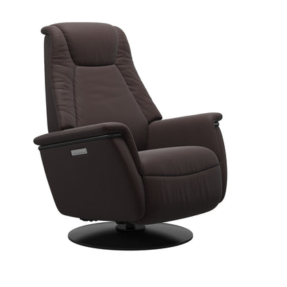 Leather Chocolate colored recliner with wooden black moon base