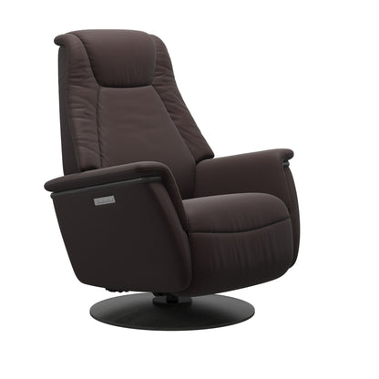 Leather Chocolate colored recliner with wooden grey moon base