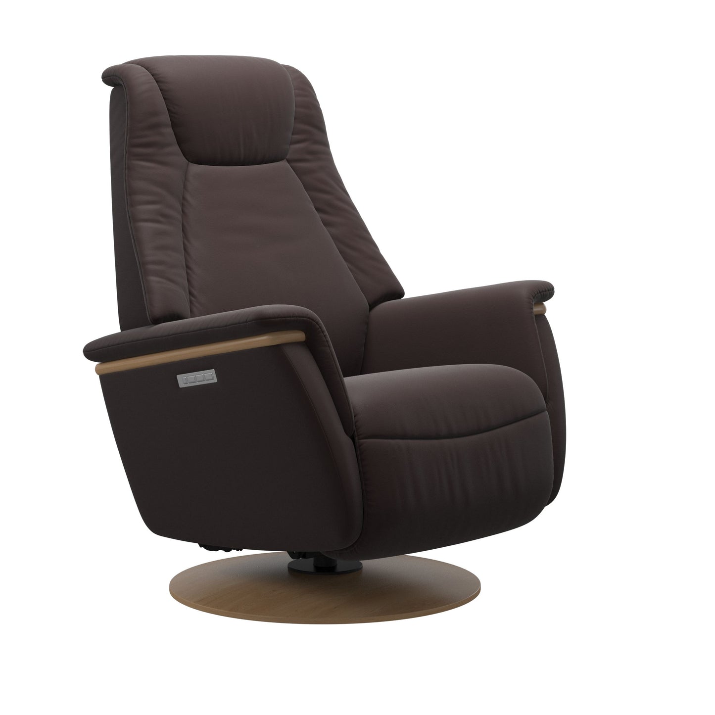 Leather Chocolate colored recliner with wooden oak moon base