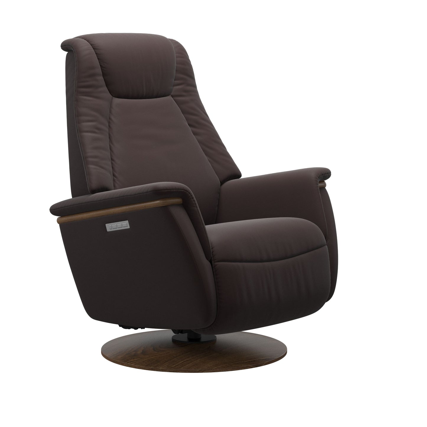 Leather Chocolate colored recliner with wooden teak moon base