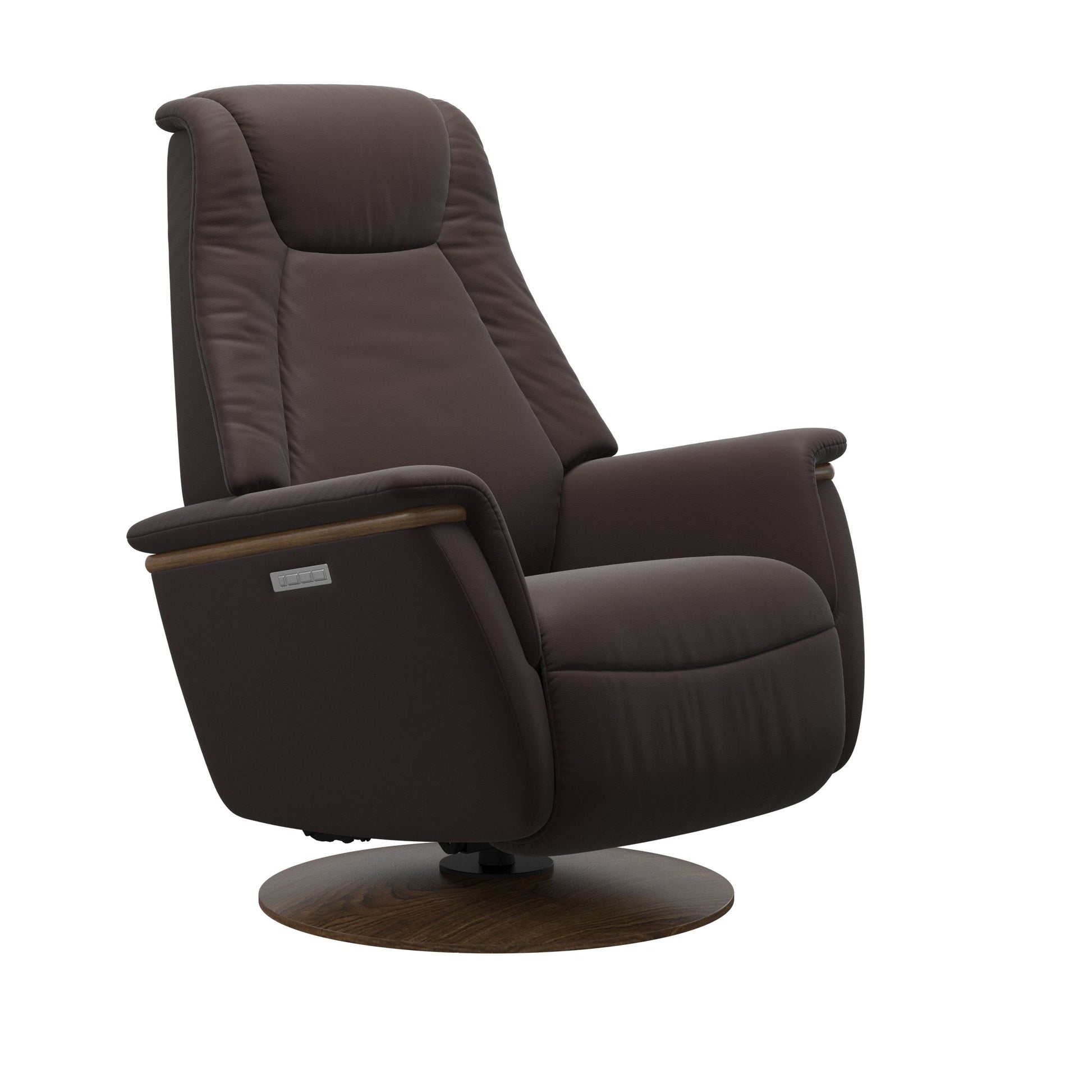 Leather Chocolate colored recliner with wooden teak moon base