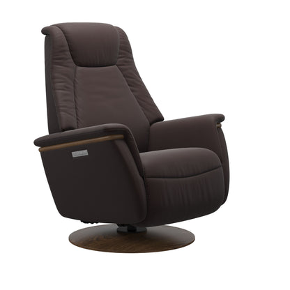 Leather Chocolate colored recliner with wooden teak moon base