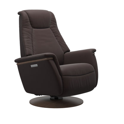 Leather Chocolate colored recliner with wooden walnut moon base
