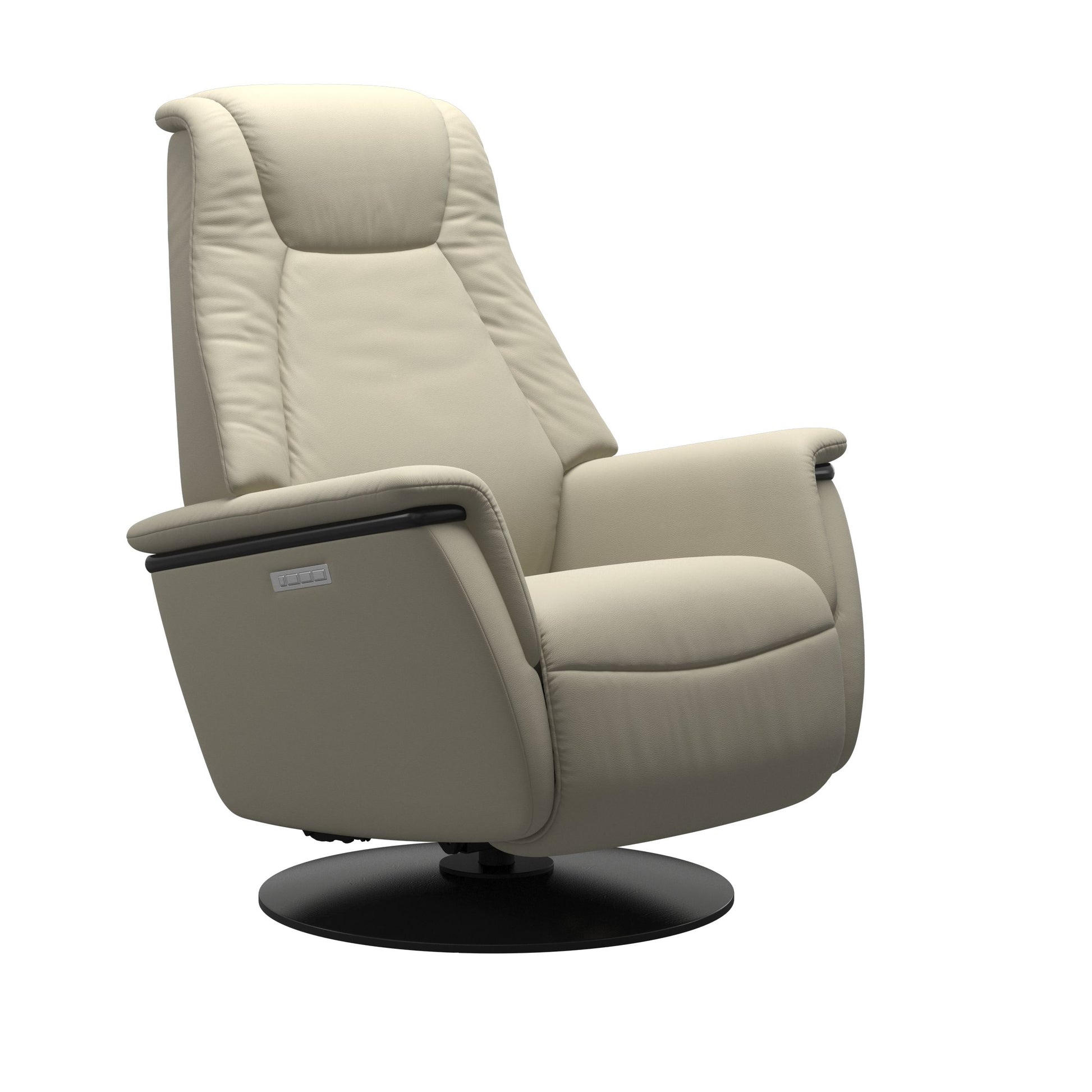 Light Gray leather recliner with wooden black moon base