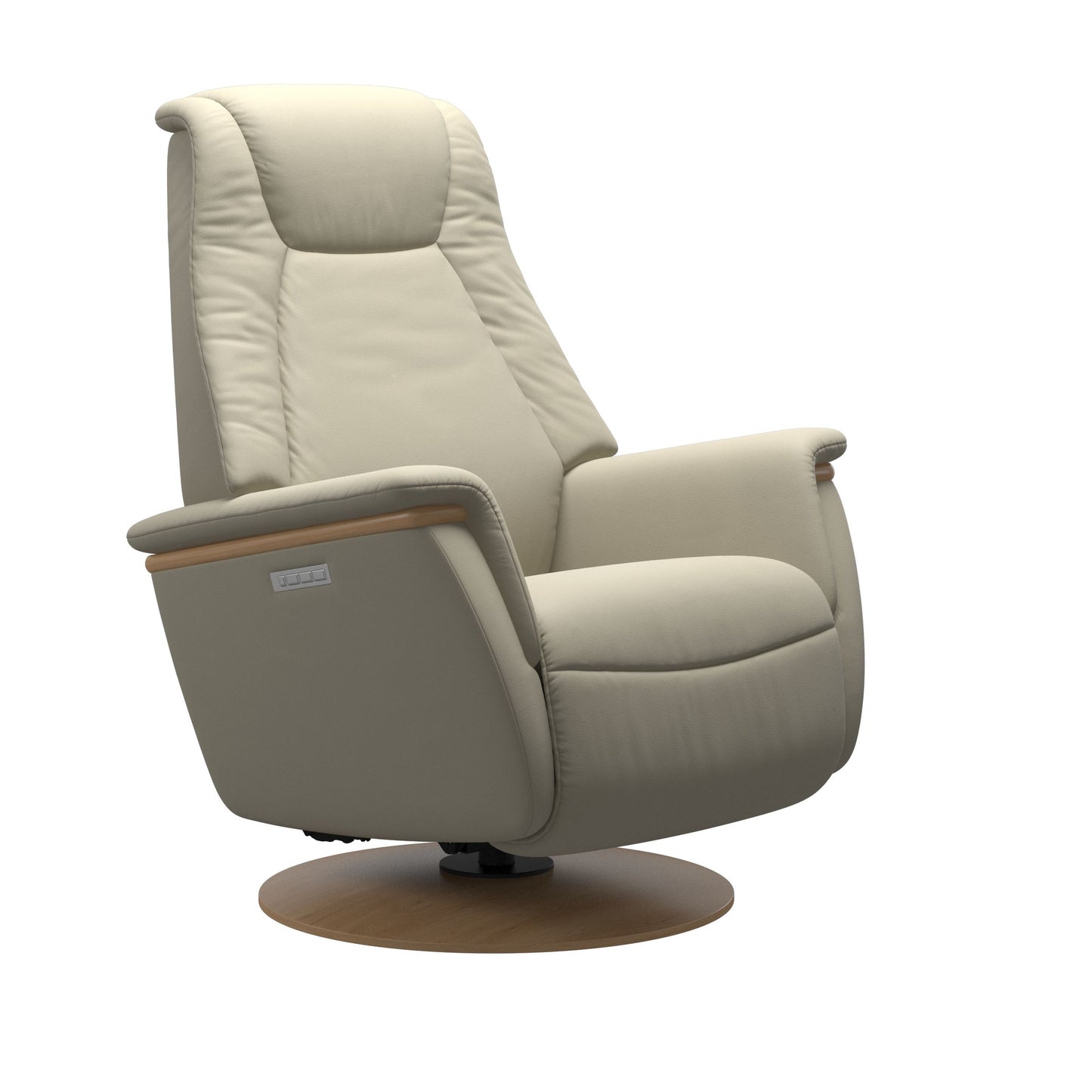 Light Gray leather recliner with wooden oak moon base