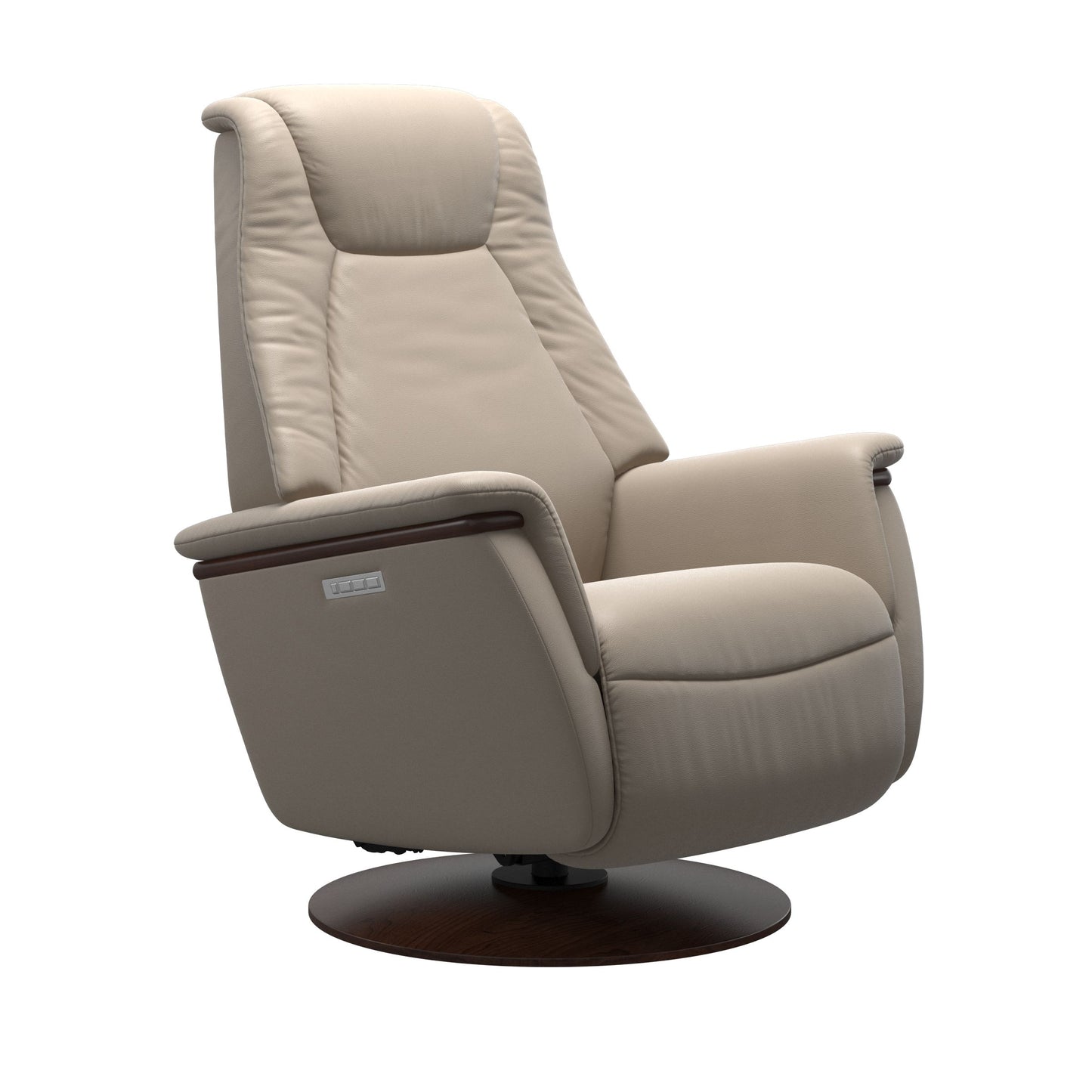 Mushroom colored leather recliner with wooden brown moon base