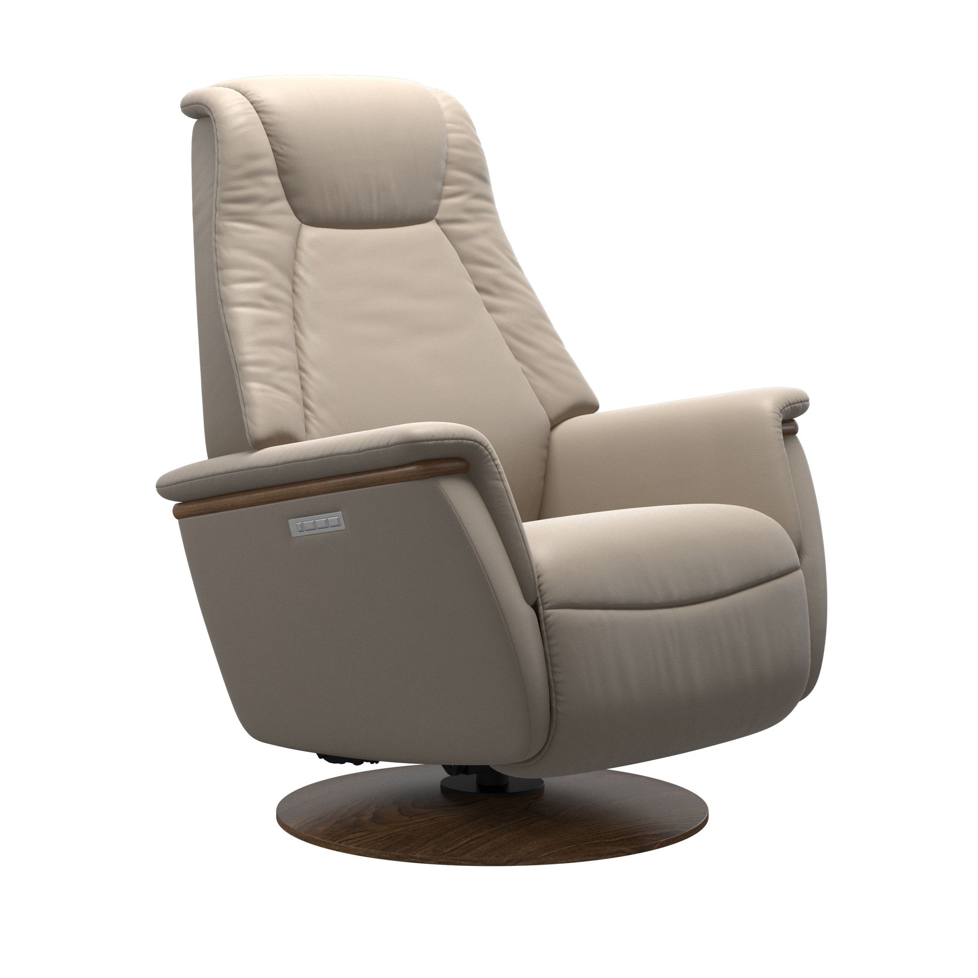 Mushroom colored leather recliner with wooden teak moon base