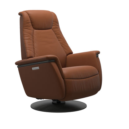 Leather Cognac recliner with wooden grey moon base