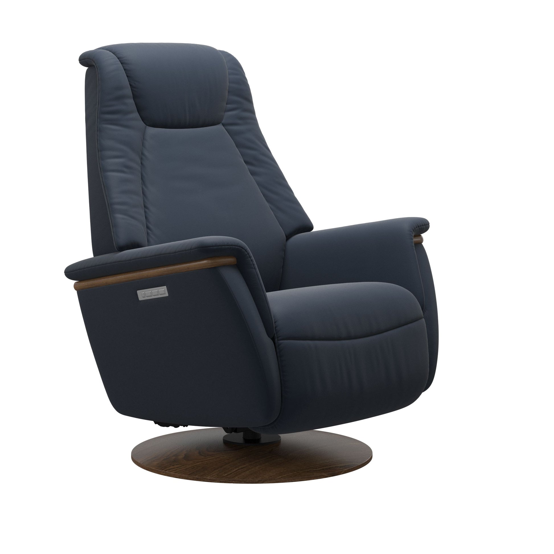 Leather Oxford Blue recliner with wooden teak moon base