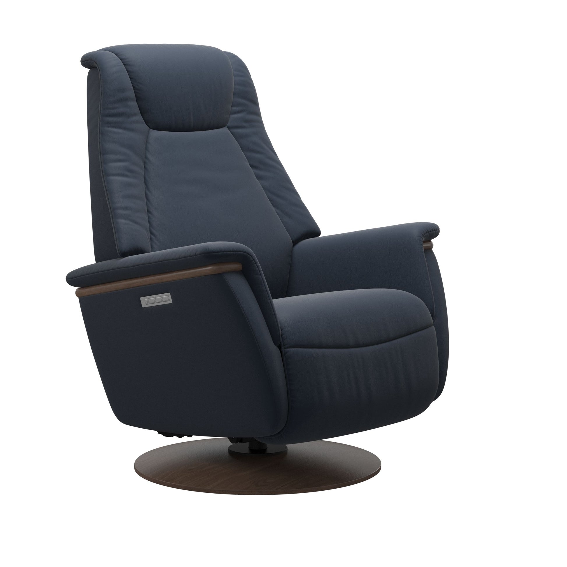 Leather Oxford Blue recliner with wooden walnut moon base