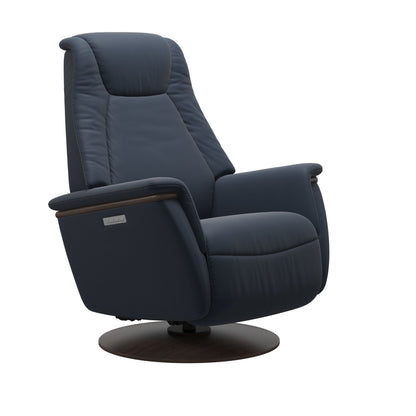 Leather Oxford Blue recliner with wooden wenge moon base