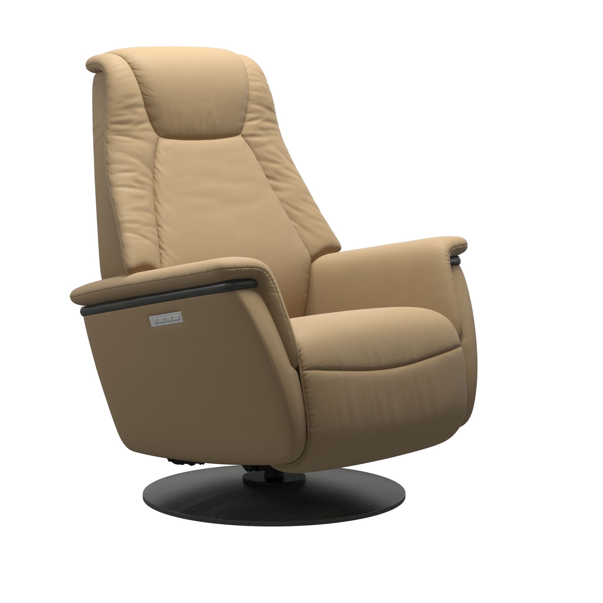 Leather Sand colored recliner with wooden grey moon base