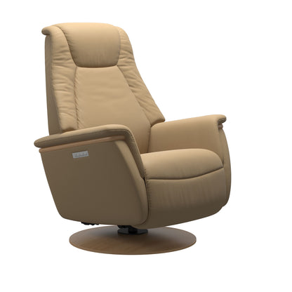 Leather Sand colored recliner with wooden oak moon base