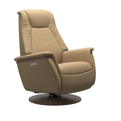 Leather Sand colored recliner with wooden walnut moon base