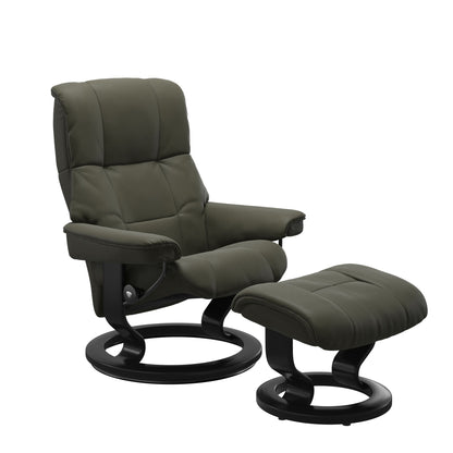 Luxury and Modern recliner with ottoman in Paloma Dark Olive with a classic ring bottom in black wood.