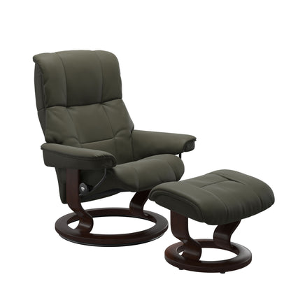 Luxury and Modern recliner with ottoman in Paloma Dark Olive with a classic ring bottom in brown wood.