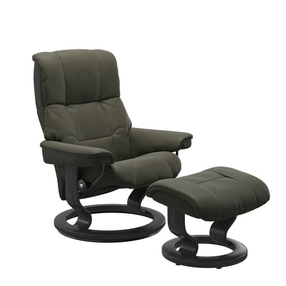 Luxury and Modern recliner with ottoman in Paloma Dark Olive with a classic ring bottom in grey wood.
