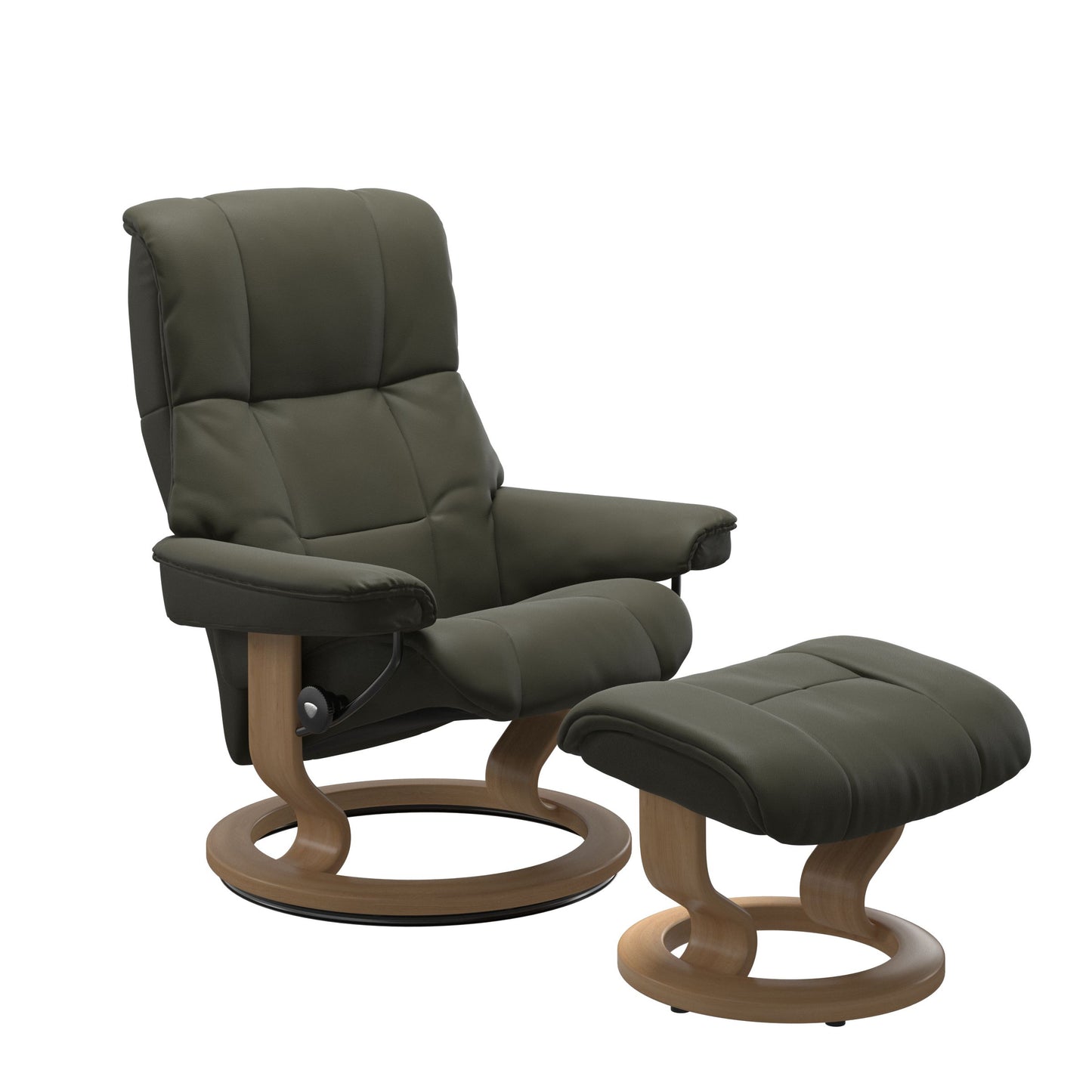 Luxury and Modern recliner with ottoman in Paloma Dark Olive with a classic ring bottom in oak wood. 