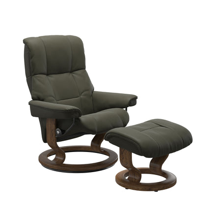 Luxury and Modern recliner with ottoman in Paloma Dark Olive with a classic ring bottom in teak wood.