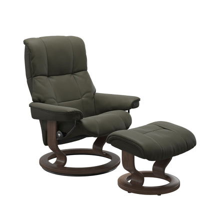 Luxury and Modern recliner with ottoman in Paloma Dark Olive with a classic ring bottom in walnut wood.