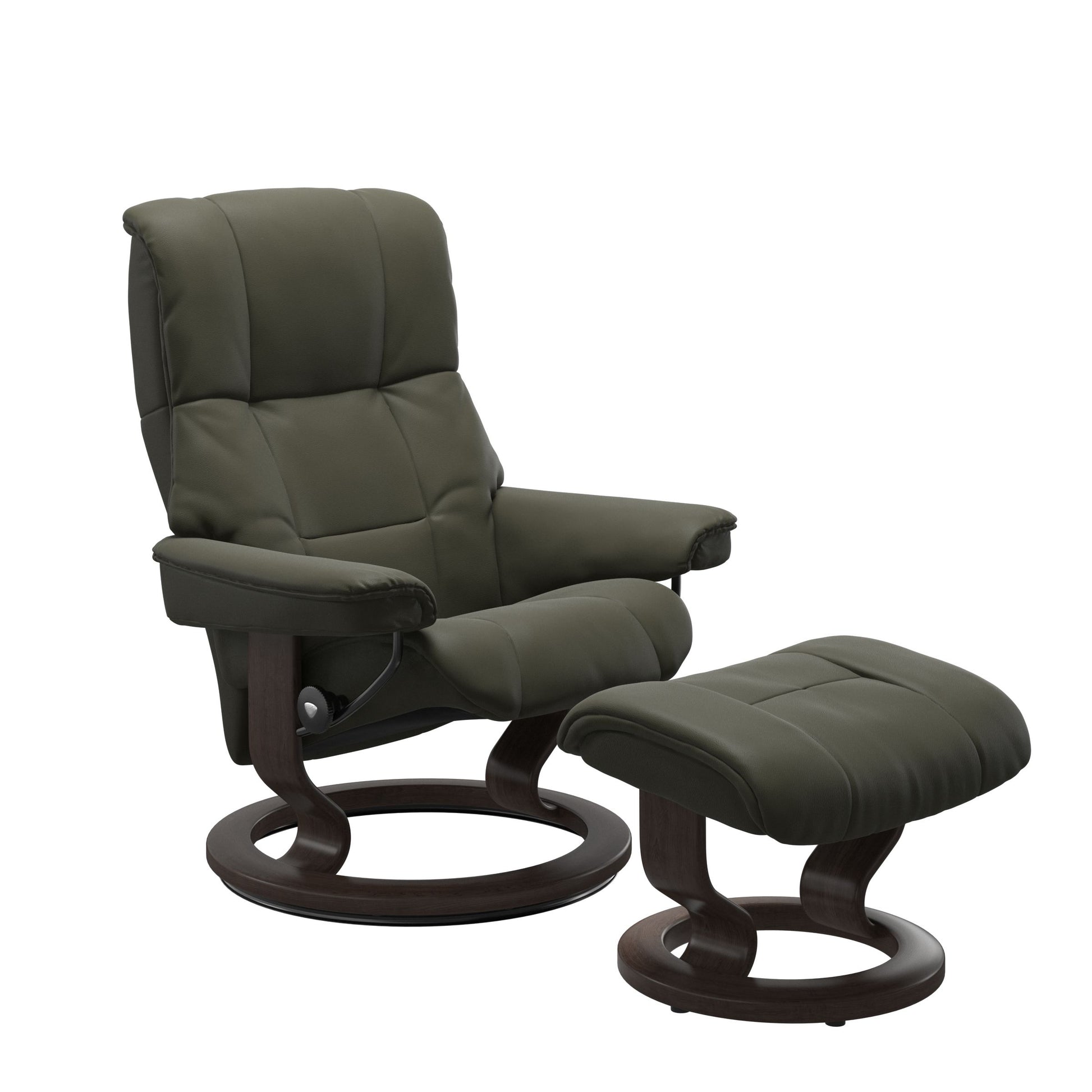 Luxury and Modern recliner with ottoman in Paloma Dark Olive with a classic ring bottom in wenge wood.