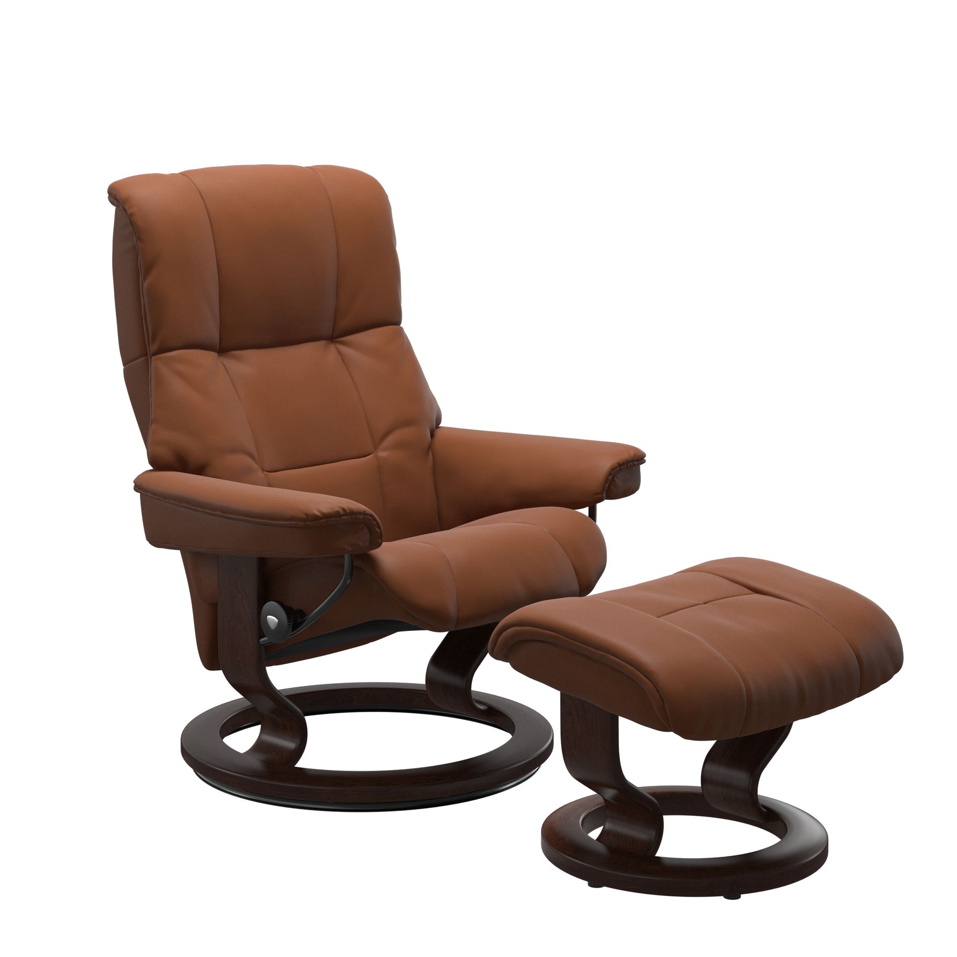Luxury and Modern recliner with ottoman in Paloma New Cognac with a classic ring bottom in brown wood.