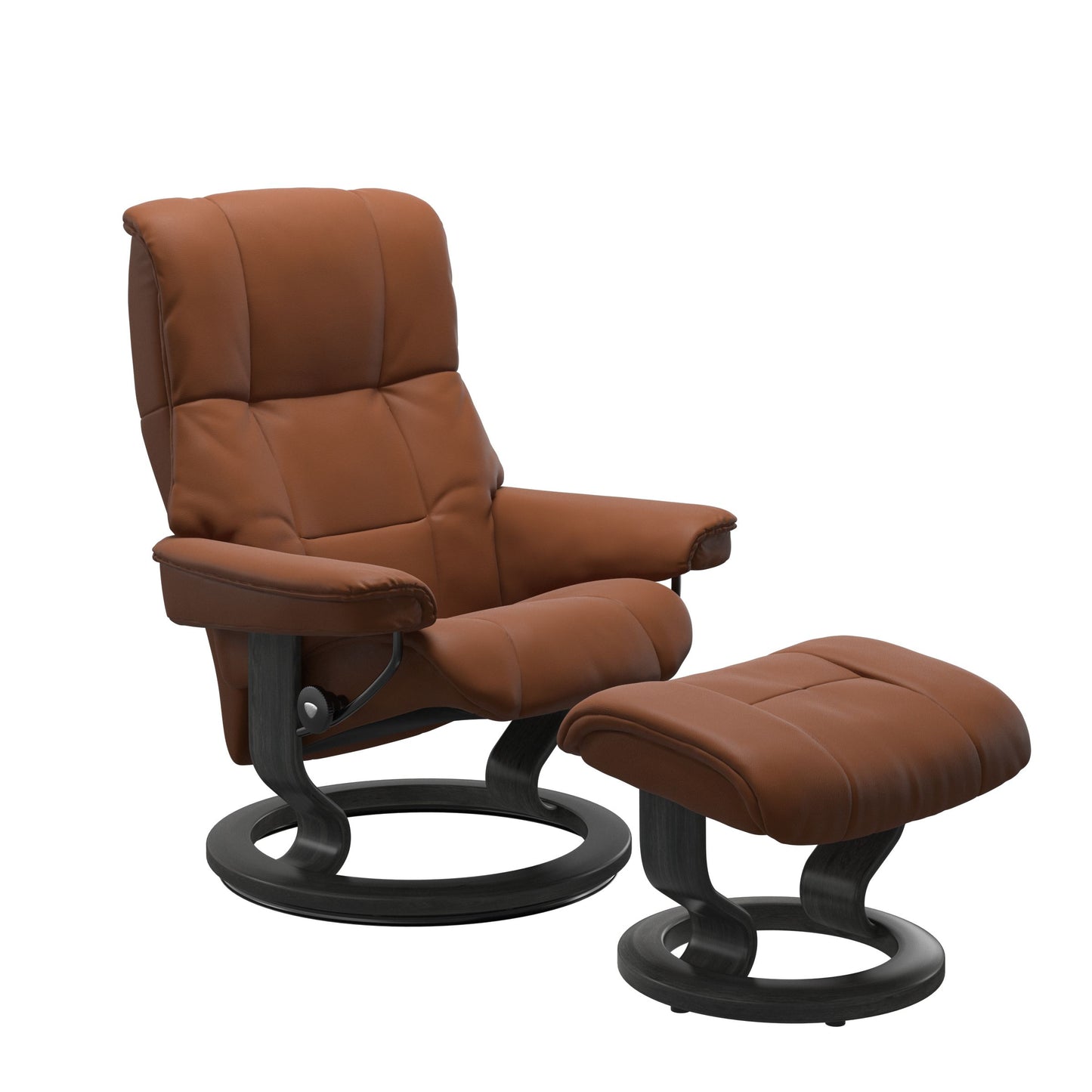 Luxury and Modern recliner with ottoman in Paloma New Cognac with a classic ring bottom in grey wood.
