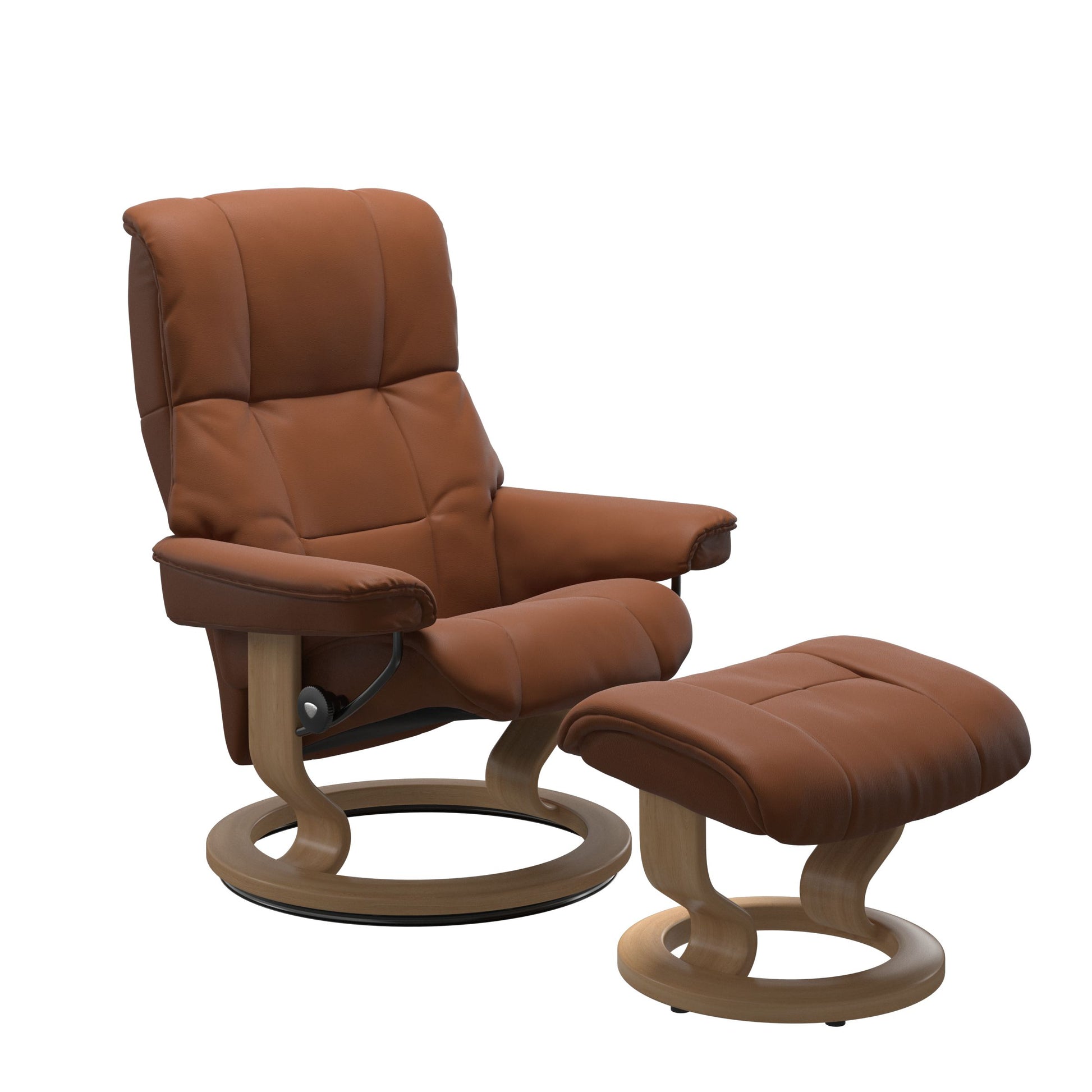 Luxury and Modern recliner with ottoman in Paloma New Cognac with a classic ring bottom in oak wood.