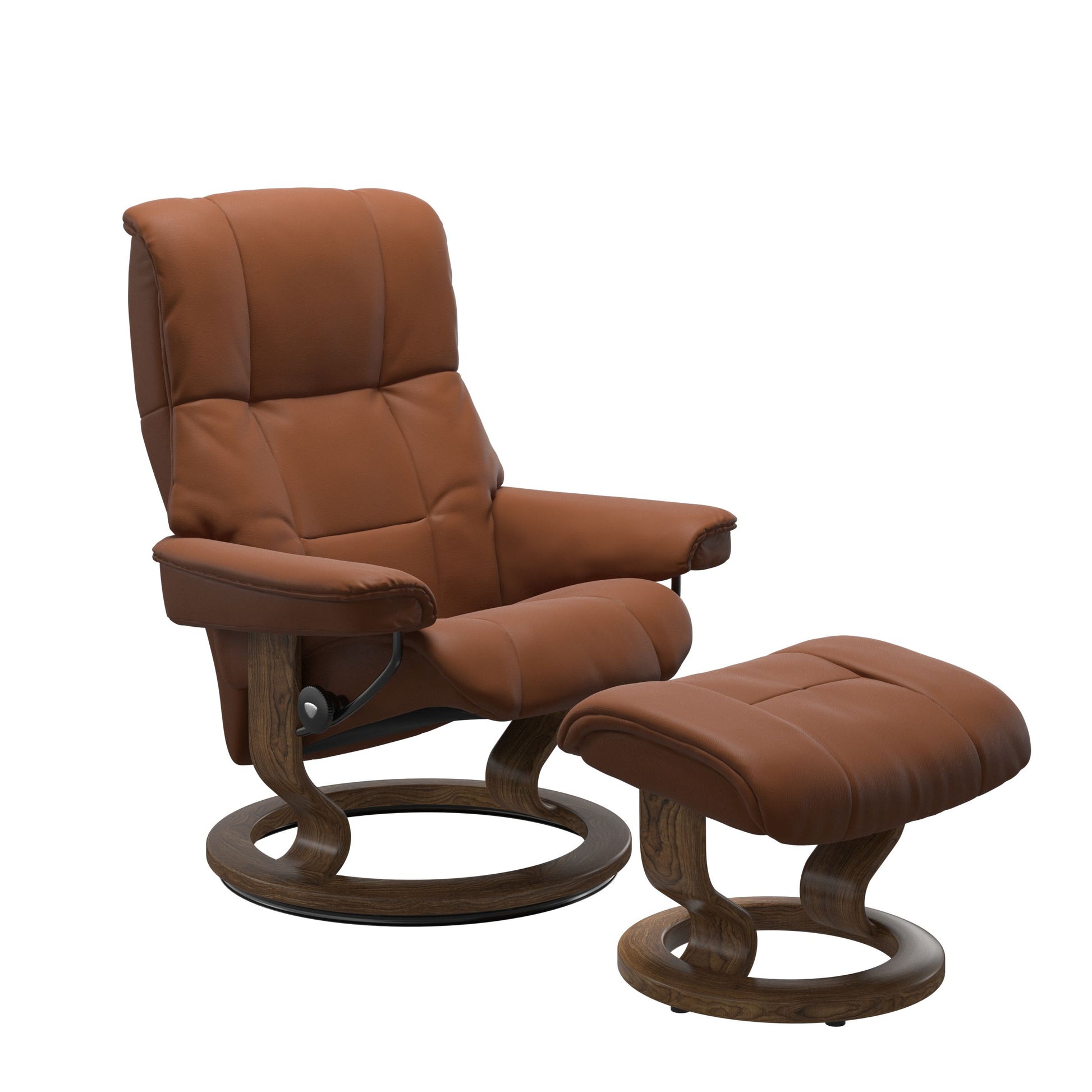 Luxury and Modern recliner with ottoman in Paloma New Cognac with a classic ring bottom in teak wood.