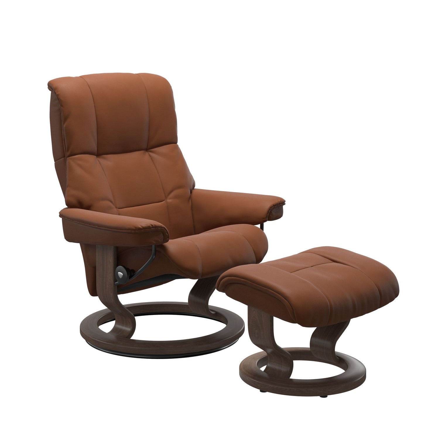 Luxury and Modern recliner with ottoman in Paloma New Cognac with a classic ring bottom in walnut wood.