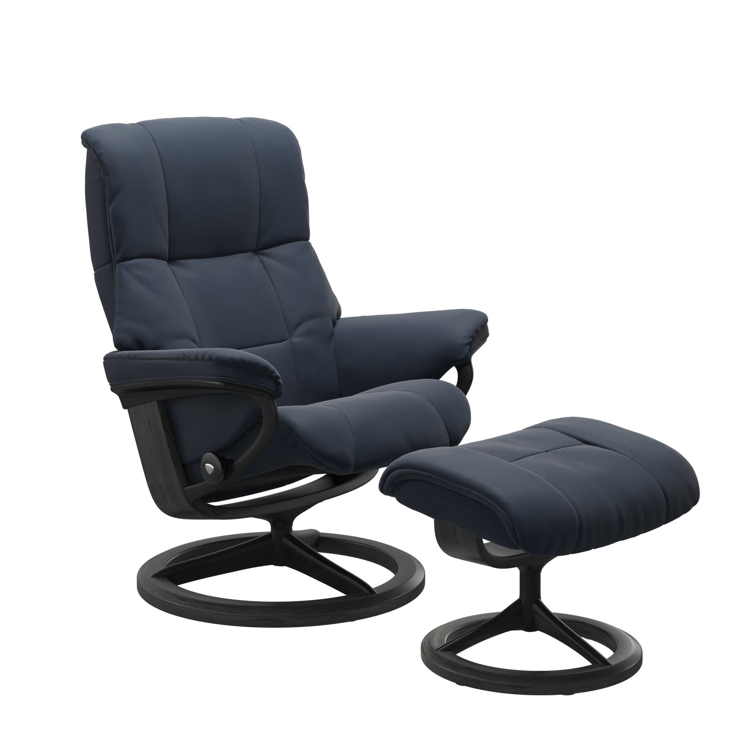 Paloma Oxford Blue recliner chair with ottoman black matte metal and wooden grey signature frame