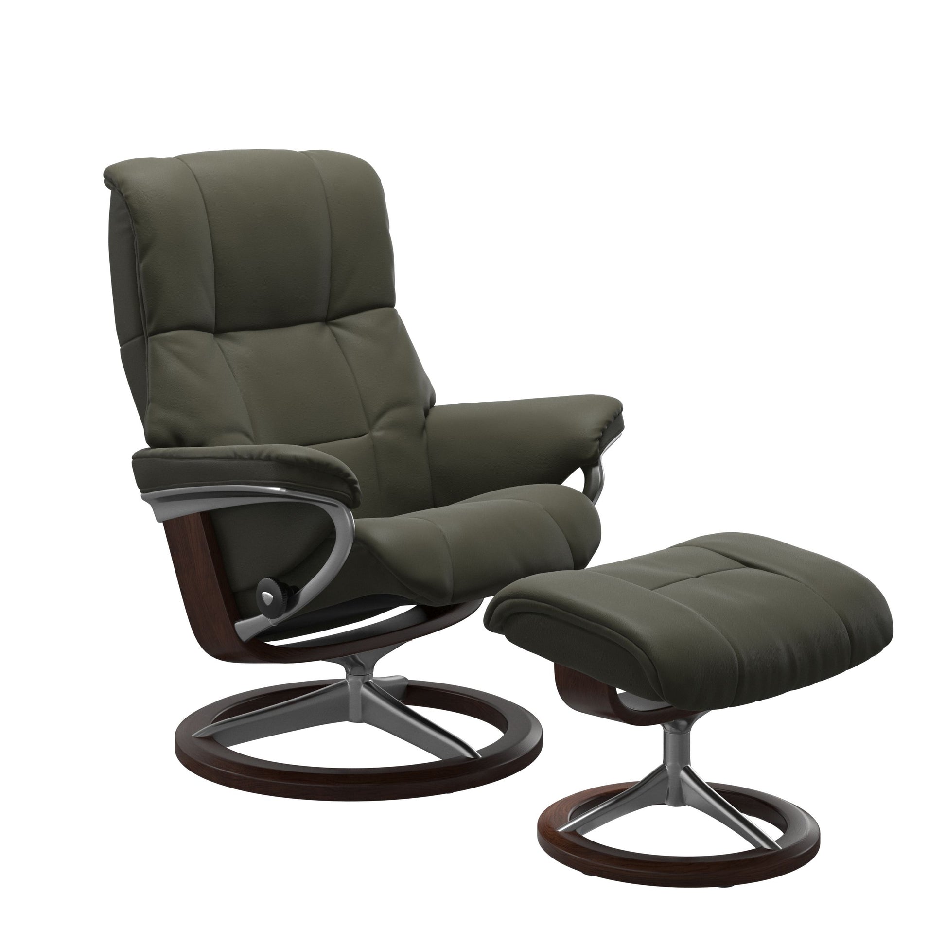 Dark Olive colored reclining chair with matching ottoman, both featuring padded cushions and brown circular base.