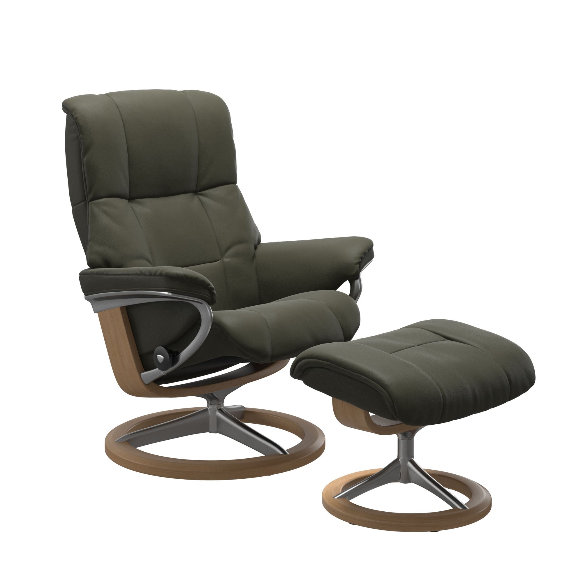 Dark Olive colored reclining chair with matching ottoman, both featuring padded cushions and oak circular base.