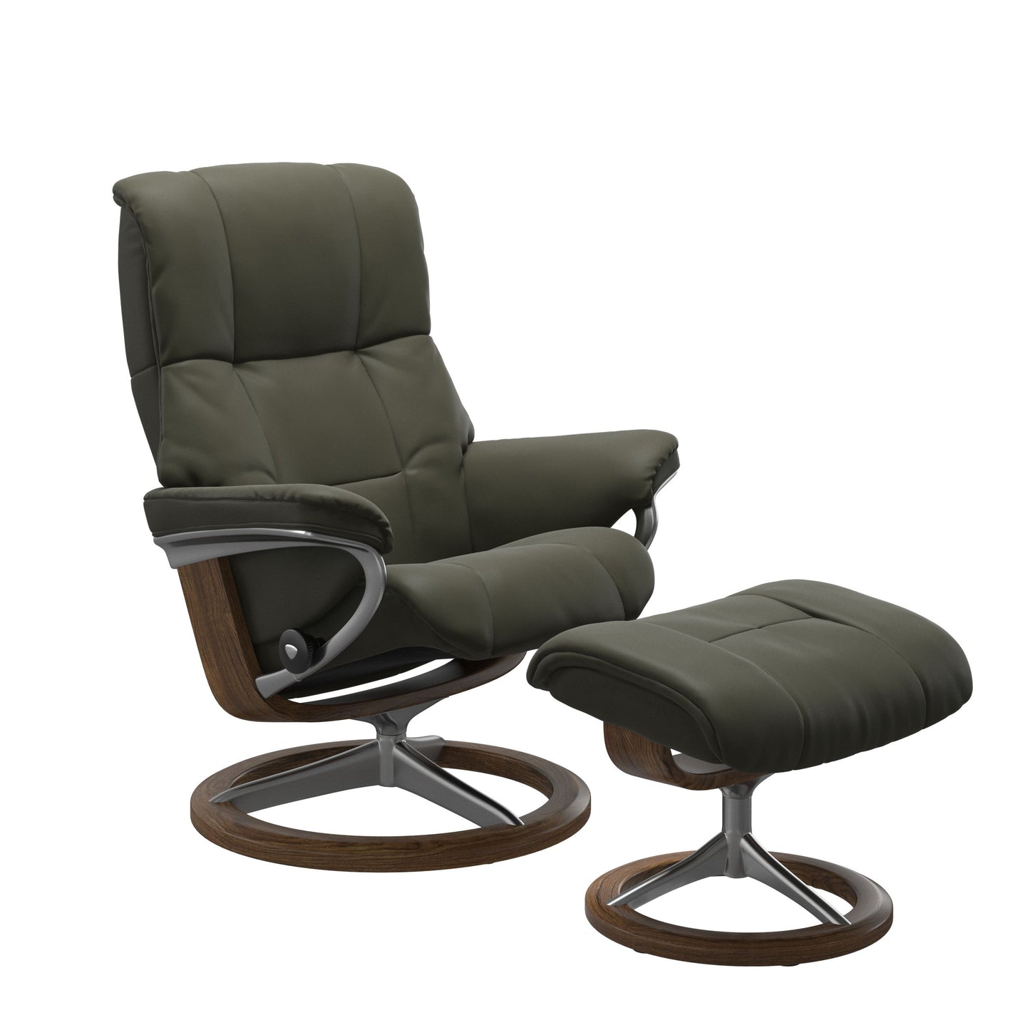 Dark Olive colored reclining chair with matching ottoman, both featuring padded cushions and teak circular base.