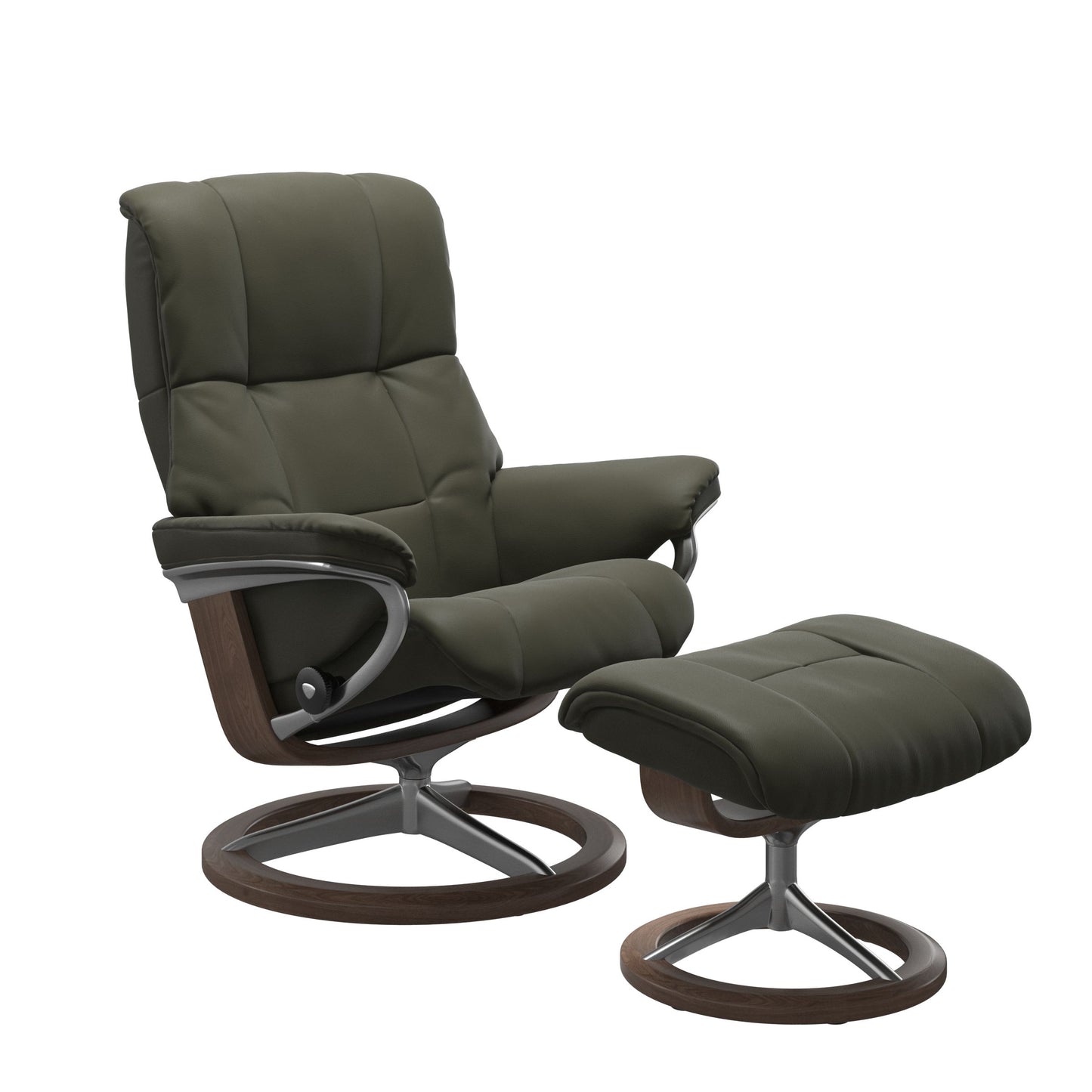 Dark Olive colored reclining chair with matching ottoman, both featuring padded cushions and walnut circular base.