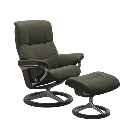 Dark Olive colored reclining chair with matching ottoman, both featuring padded cushions and wenge circular base.