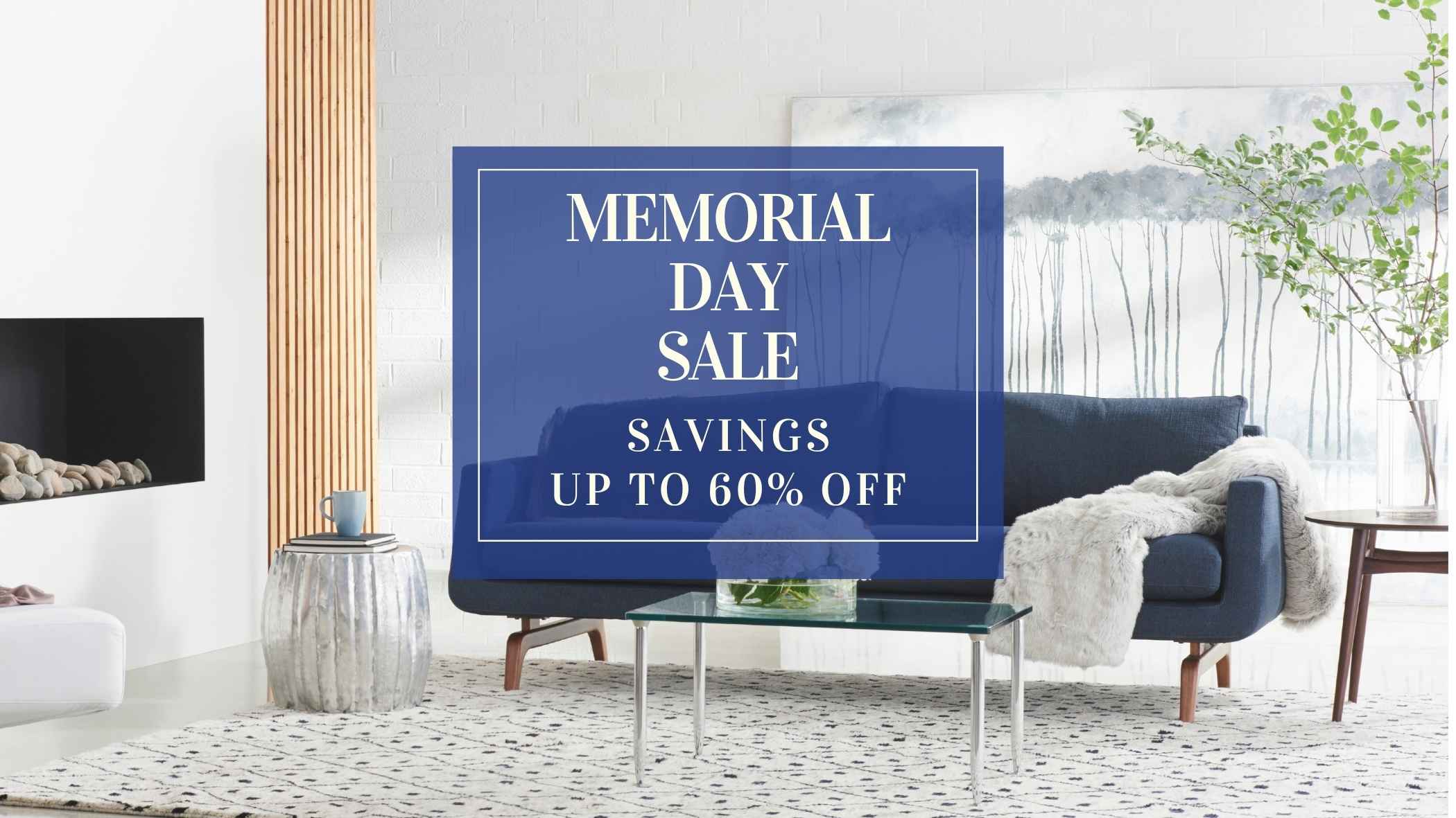 Living room with a Memorial Day sale sign overlay