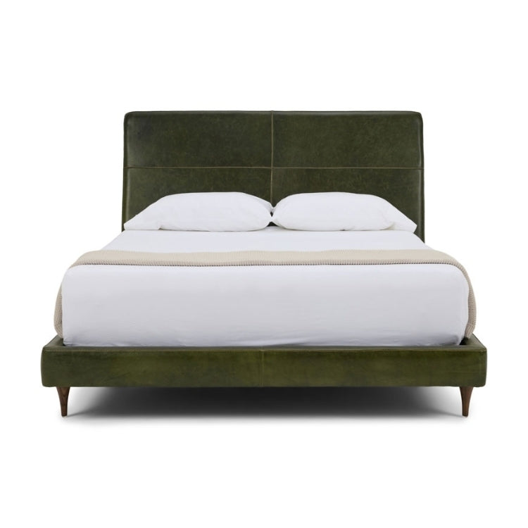 Menlo Park Bed Reimagined Green Leather Upholstered with white bedding and pillows.