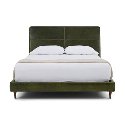 Menlo Park Bed Reimagined Green Leather Upholstered with white bedding and pillows.