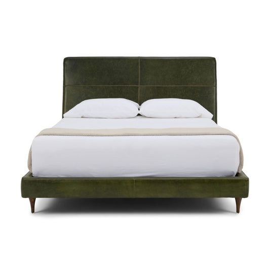 Menlo Park Bed Reimagined Green Leather Upholstered with white bedding and pillows.