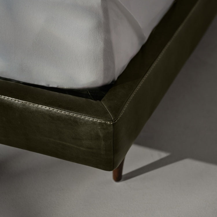 Corner close up of Menlo Park Bed Reimagined Green Leather Upholstered