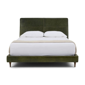 Menlo Park Bed Reimagined Green Leather Upholstered with white bedding and pillows.