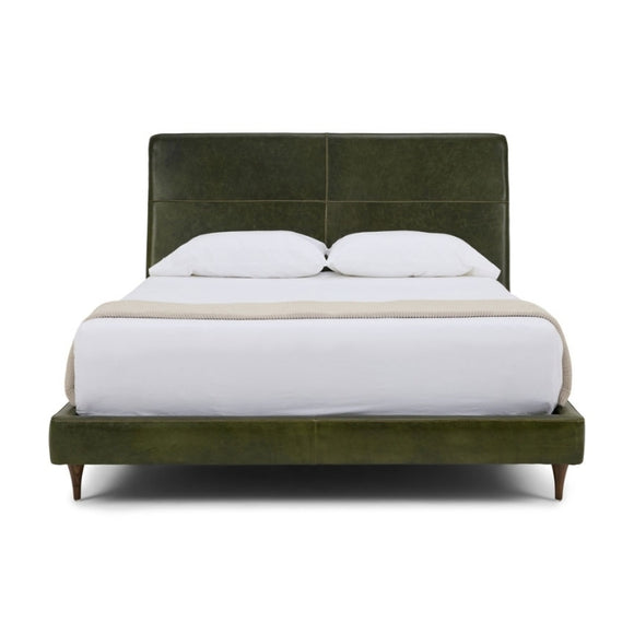 Menlo Park Bed Reimagined Green Leather Upholstered with white bedding and pillows.