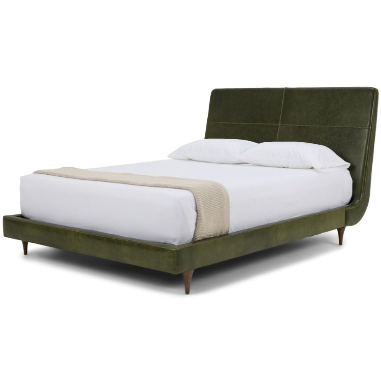 Menlo Park Bed Reimagined Green Leather Upholstered with white bedding and pillows 