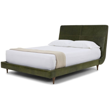 Menlo Park Bed Reimagined Green Leather Upholstered with white bedding and pillows 