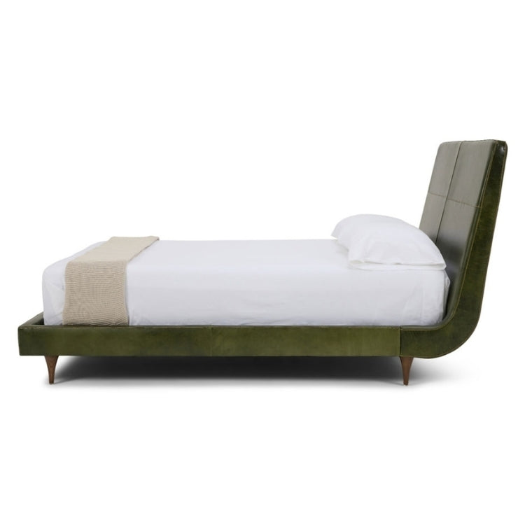 Side View of Menlo Park Bed Reimagined Green Leather Upholstered with white bedding and pillows 