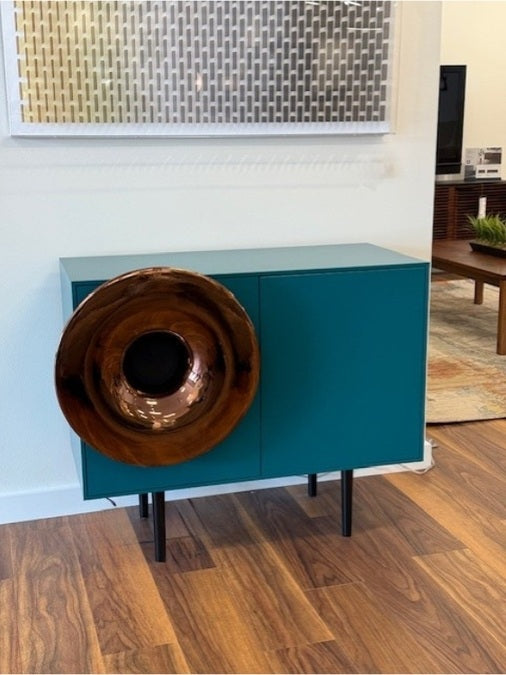 Caruso Bluetooth Media Cabinet by MiniForms is featured in Veronese Green and a Copper glazed Trumpet Cone Speaker.